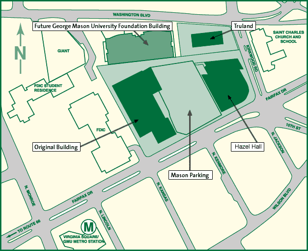 Map of the George Mason University Arlington campus at 3401 Fairfax Drive, at the intersection of Washington and Fairfax Boulevards. Directions in text follow.